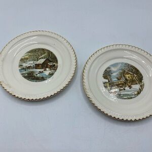 2 Vintage HARKERWARE USA Dessert Plates Currier Ives The Farmer Home Winter Wild